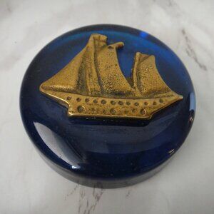 Cobalt Blue Glass Paperweight Brass Sailboat Sailing Ship